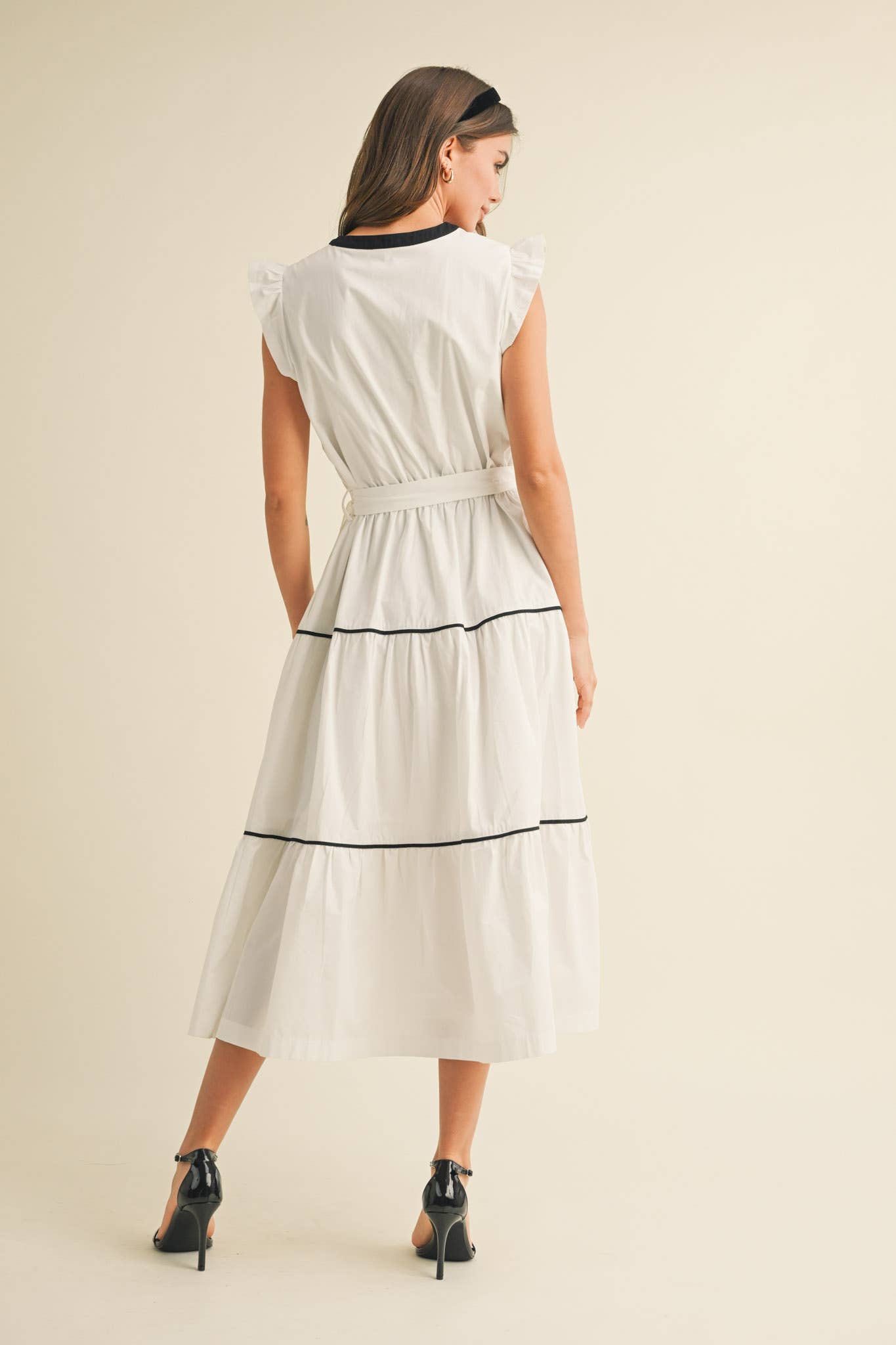 PIN TUCK AND BOW DETAIL TIERED MIDI DRESS