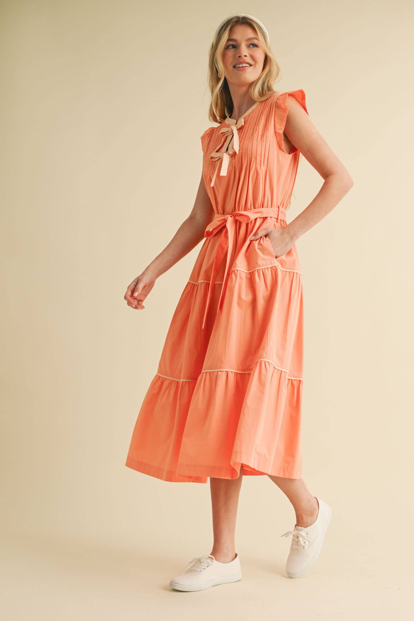 PIN TUCK AND BOW DETAIL TIERED MIDI DRESS
