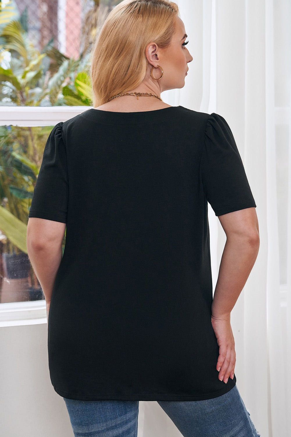 Green Plus Size Square Neck Ruched Shoulder Short Sleeve Top