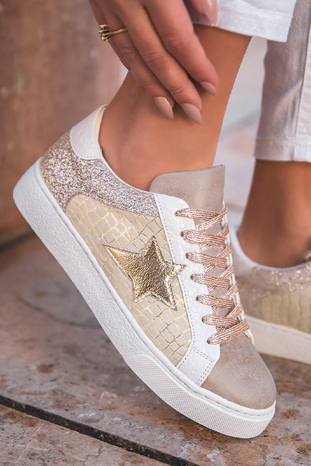 Black Glitter Star Patchwork PU Leather Lace-up Sneakers