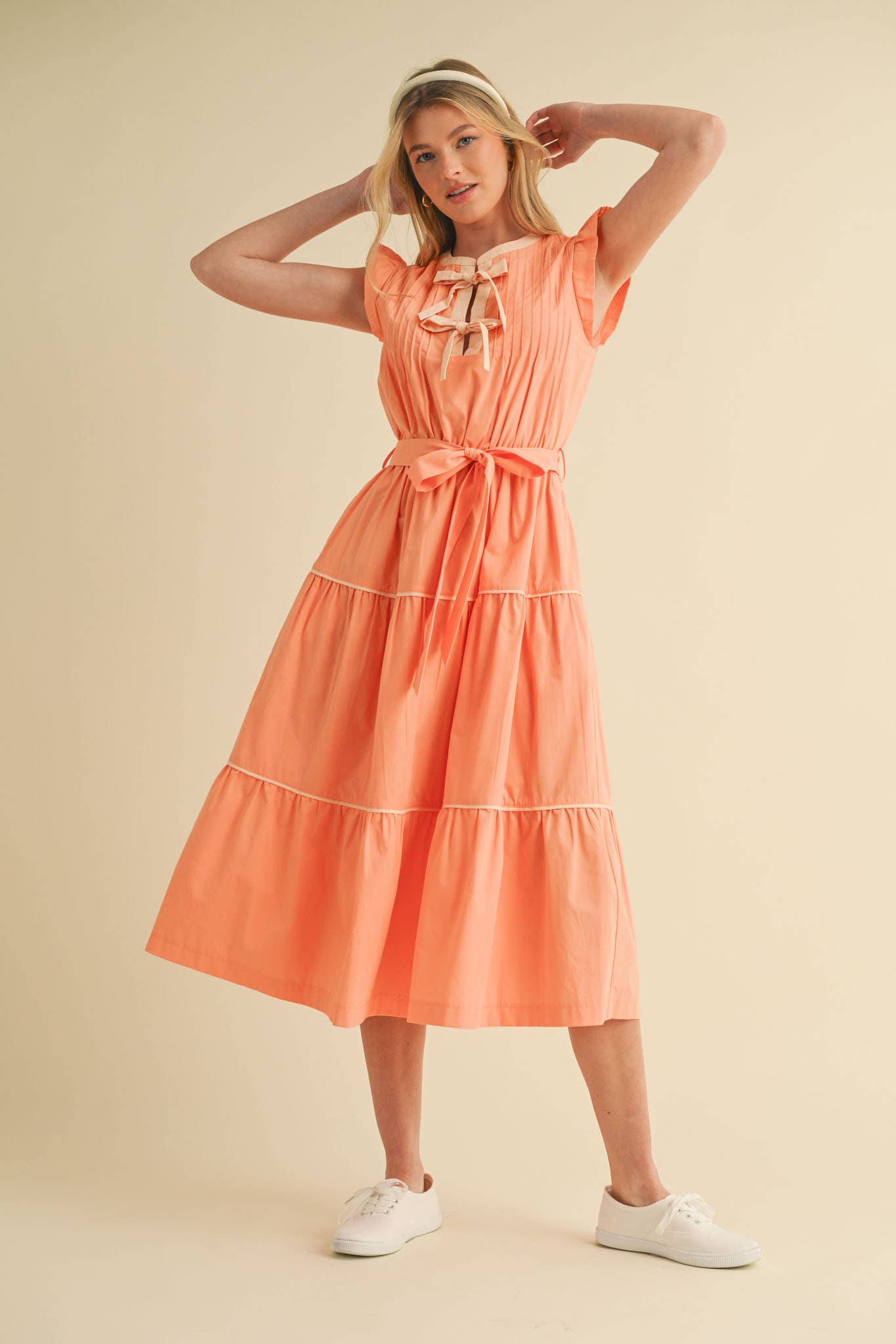 PIN TUCK AND BOW DETAIL TIERED MIDI DRESS