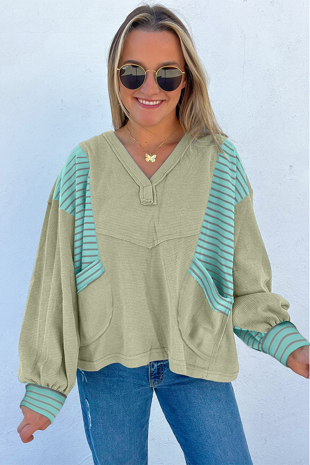 Dusk Blue Exposed Seam Waffle Striped Patchwork Baggy Pullover