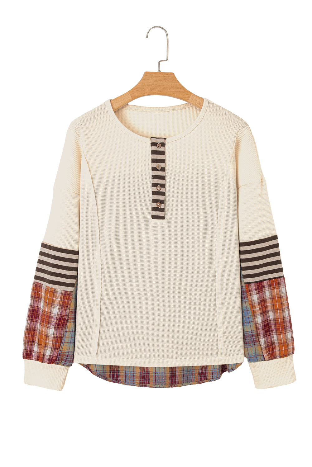 Beige Waffle Stripe Plaid Patchwork Henley Top