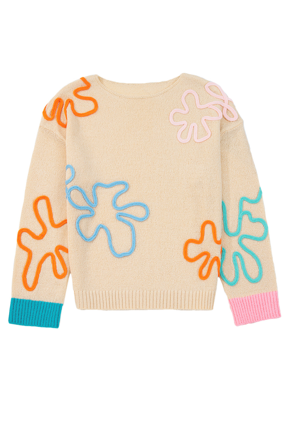Jet Stream Contrast Flower Detail Colorblock Cuffed Loose Sweater