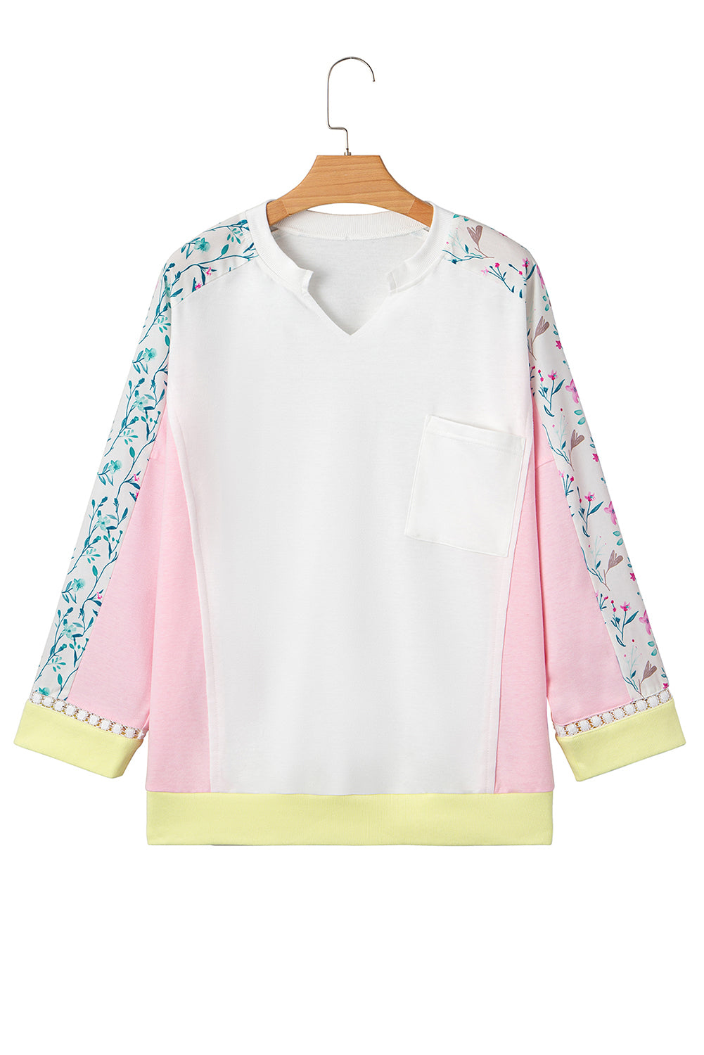 White Floral Colorblock Patchwork Notched Neck Long Sleeve Top