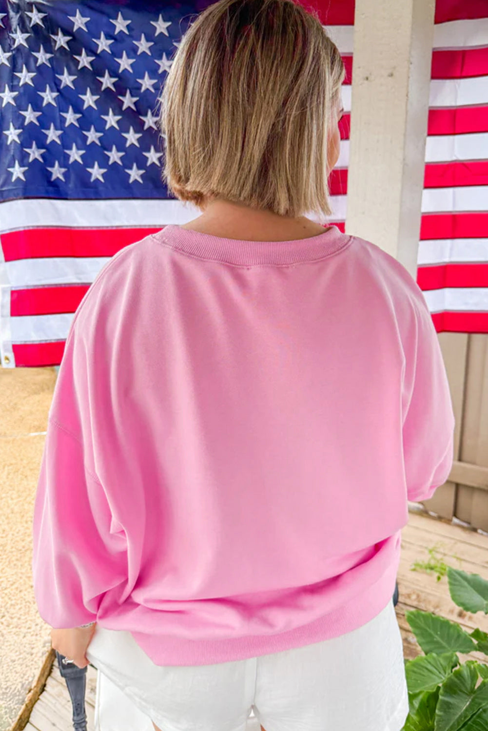 Pink Floral USA Map Patched Graphic Patriotic Sweatshirt
