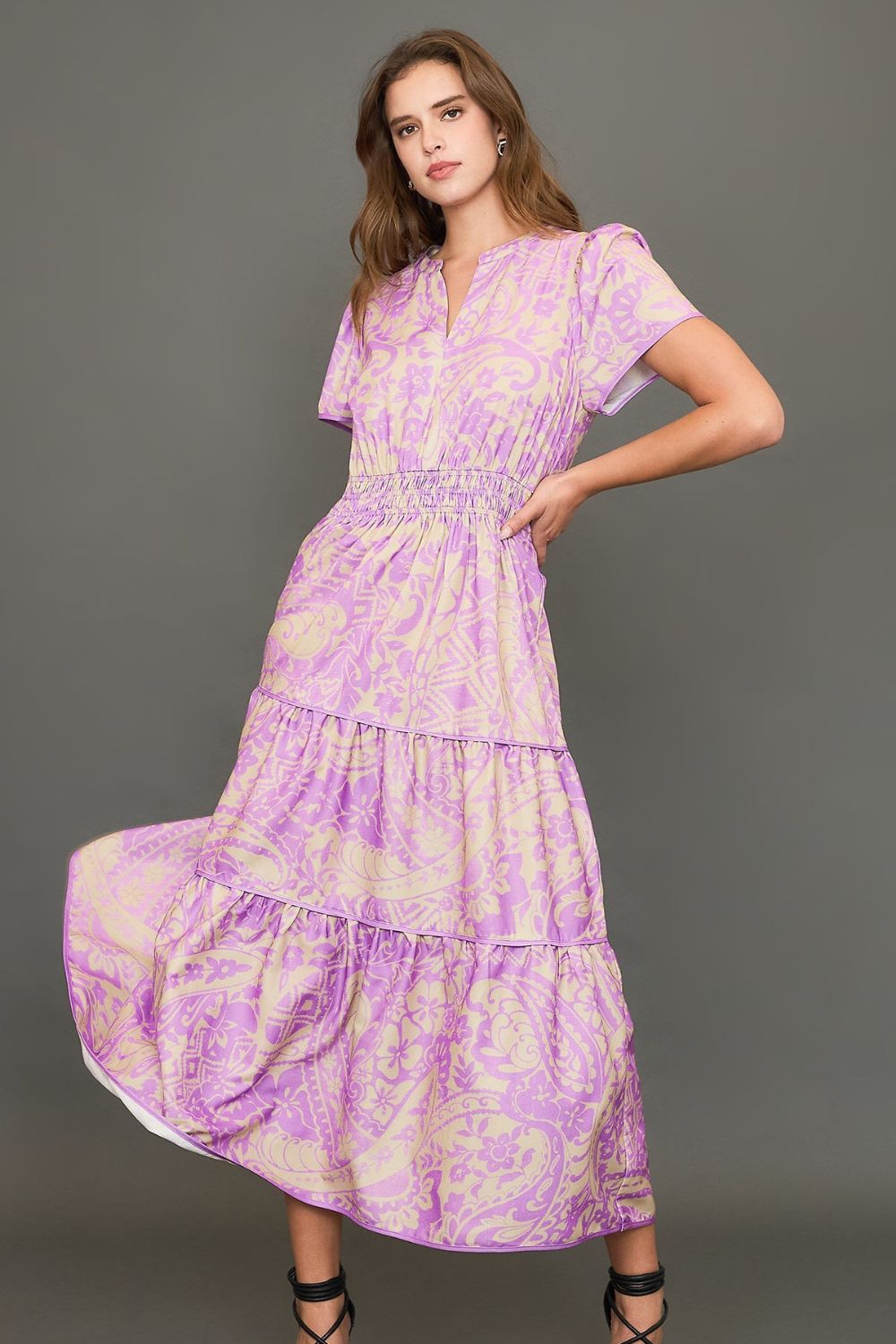 umgee purple dress Umgee Full Size Printed Notched Short Sleeve Tiered Dress Plus Size – Vogue  To Vintage Boutique, LLC