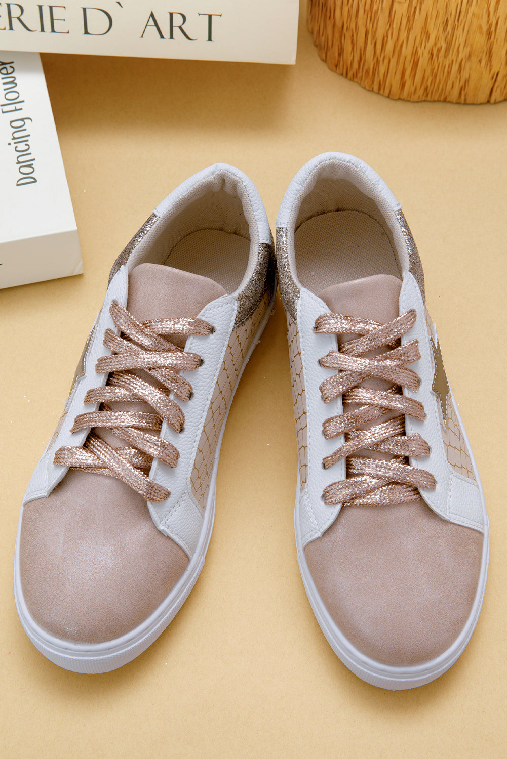 Black Glitter Star Patchwork PU Leather Lace-up Sneakers