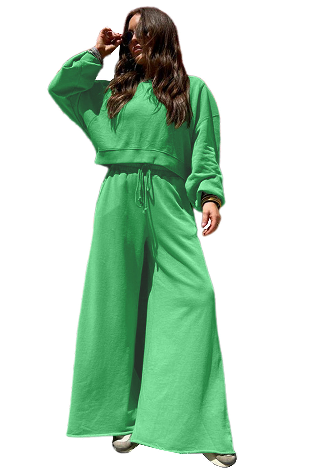 Mist Blue Drop Shoulder Crop Pullover Drawstring Wide Leg Pants Set