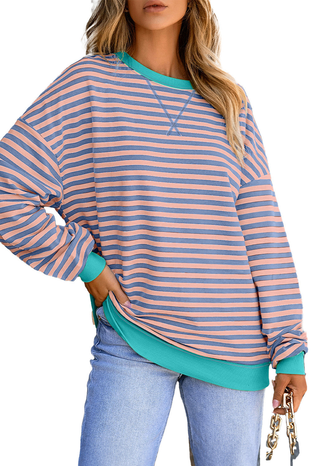 Blue Striped Contrast Trim Drop Shoulder Sweatshirt