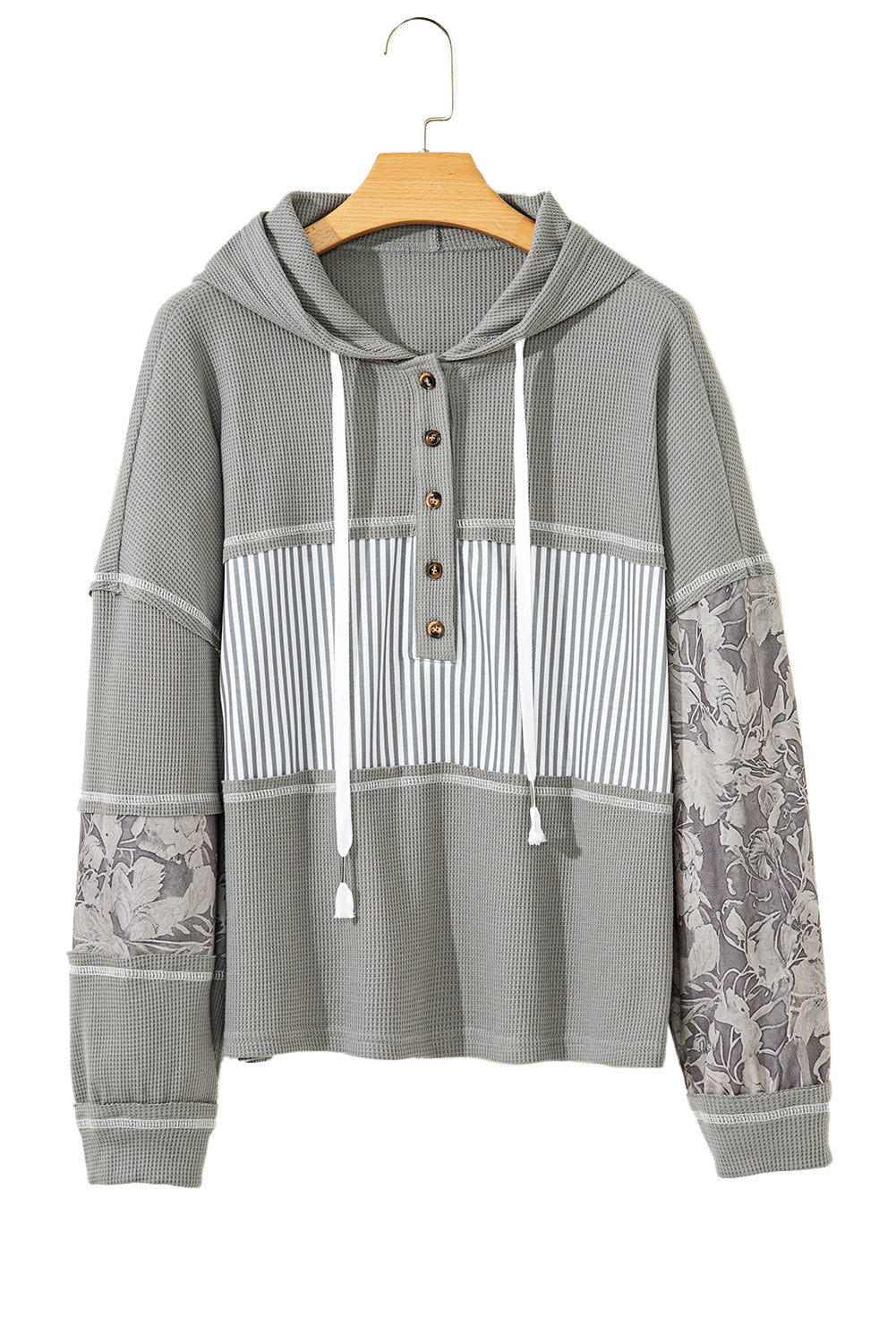 Gray Waffle Patchwork Drawstring Hooded Long Sleeve Top
