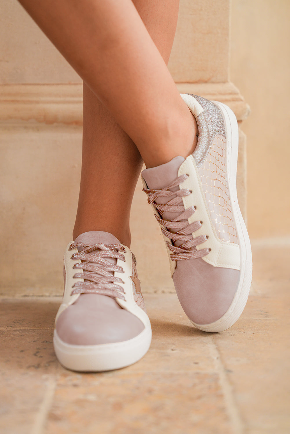 Black Glitter Star Patchwork PU Leather Lace-up Sneakers