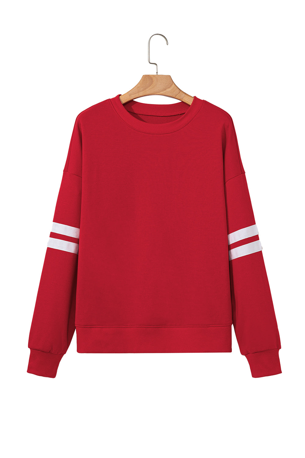 Fiery Red Preppy Striped Sleeve Loose Sweatshirt