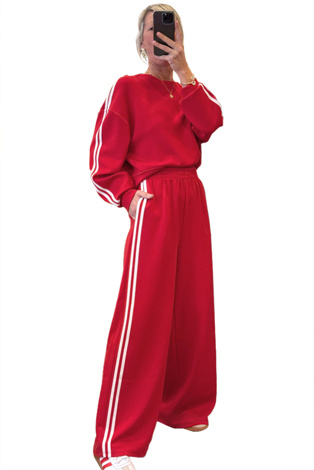 Gray Morn Varsity Striped Detail Cropped Pullover Wide Leg Pants 2pcs Outfit