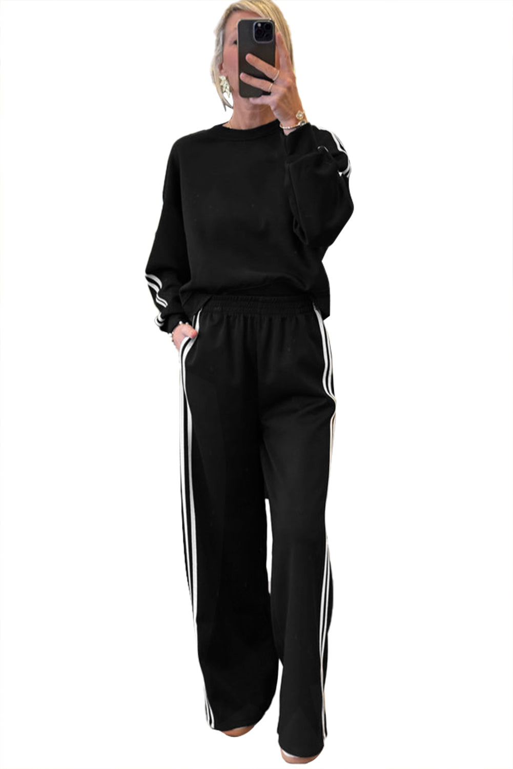 Gray Morn Varsity Striped Detail Cropped Pullover Wide Leg Pants 2pcs Outfit