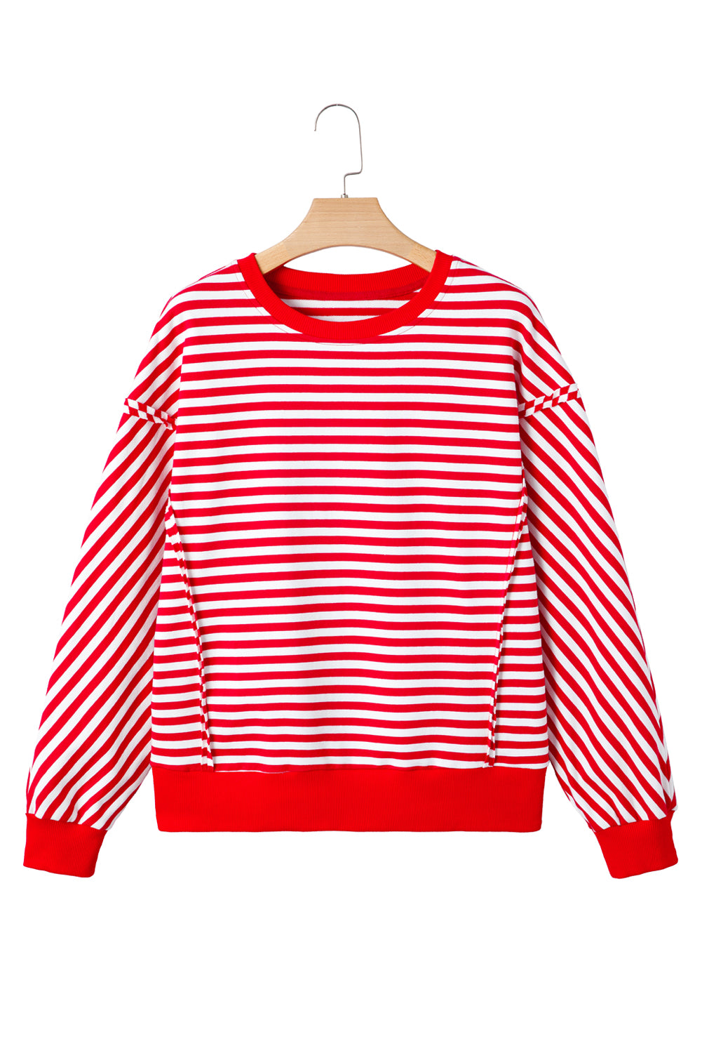 Red Striped Exposed Seam Drop Shoulder Long Sleeve Top