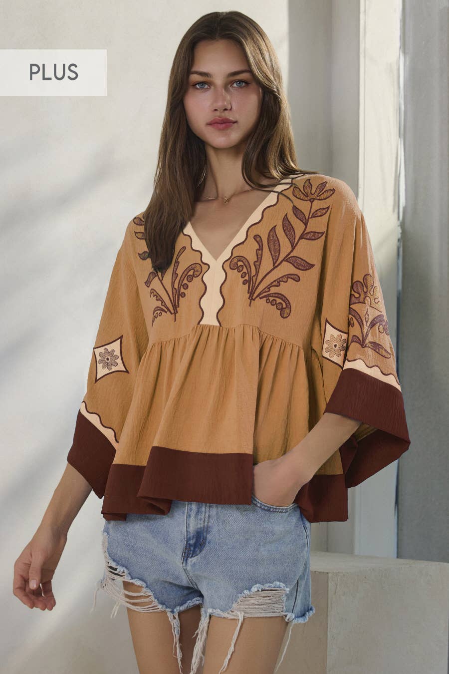 Plus Embroidered Plunge V Neck Top