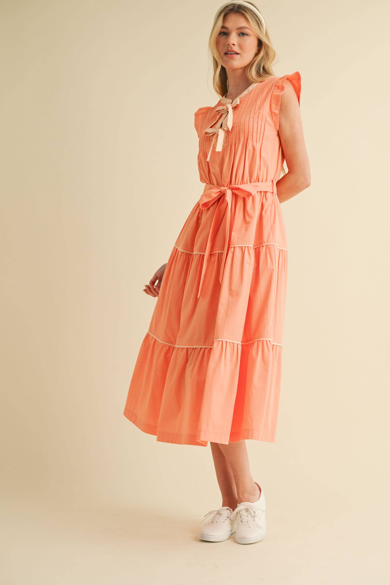 PIN TUCK AND BOW DETAIL TIERED MIDI DRESS
