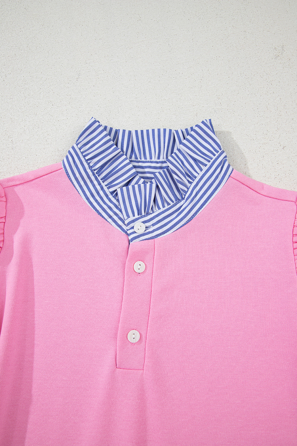 White Striped Ruffle Button Neck Pullover Sweatshirt