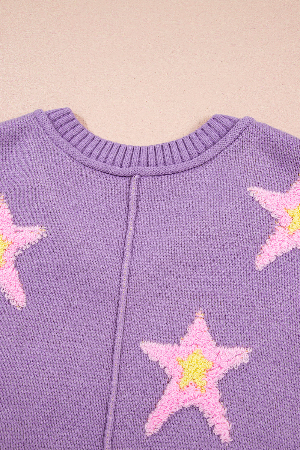 Lavender Brushed Star Graphic V Neck Drop Shoulder Oversize Sweater