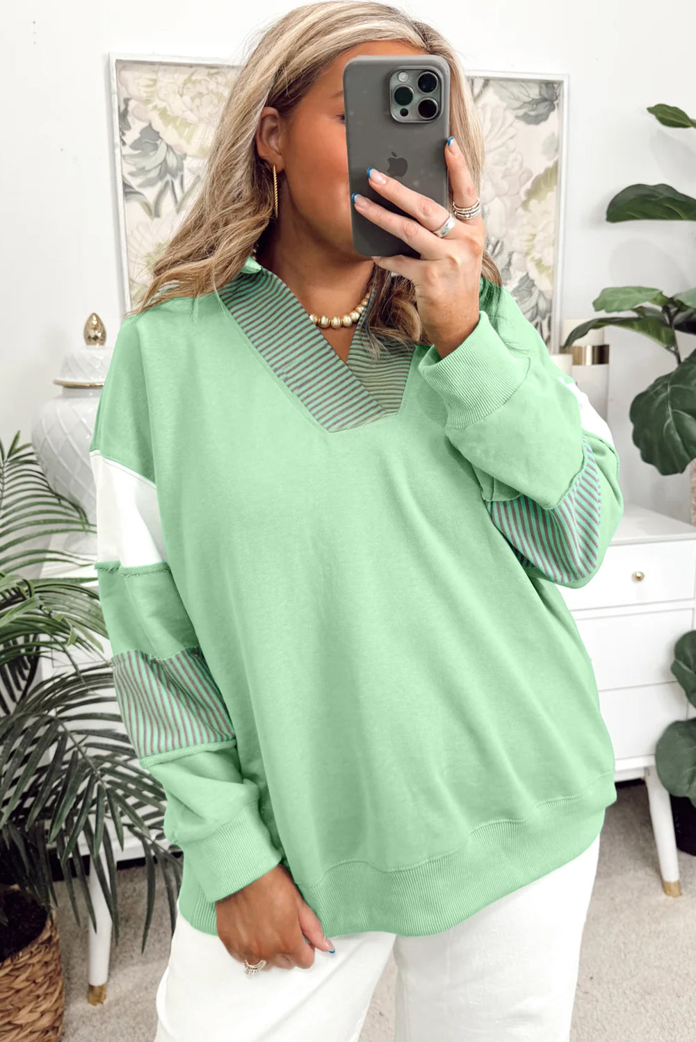 Moonlight Jade Colorblock Striped Patchwork Collar V Neck Plus Size Sweatshirt