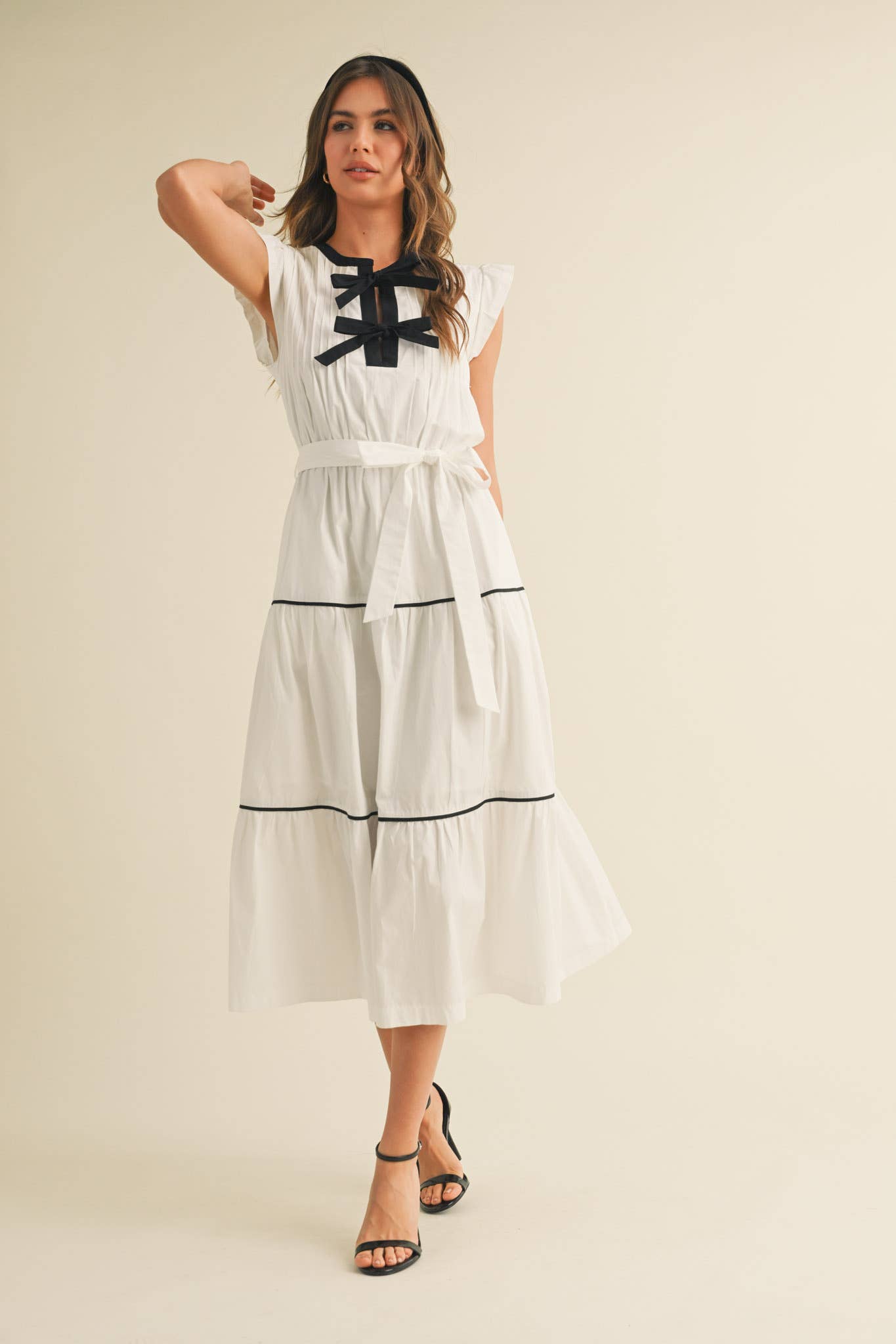 PIN TUCK AND BOW DETAIL TIERED MIDI DRESS