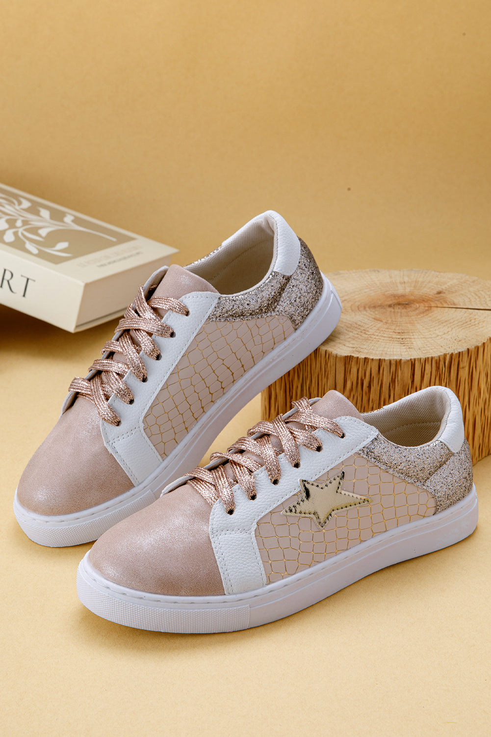 Black Glitter Star Patchwork PU Leather Lace-up Sneakers