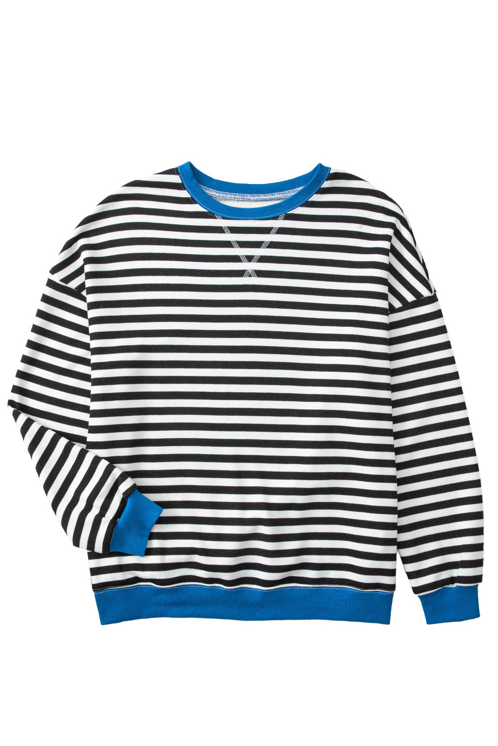 Blue Striped Contrast Trim Drop Shoulder Sweatshirt