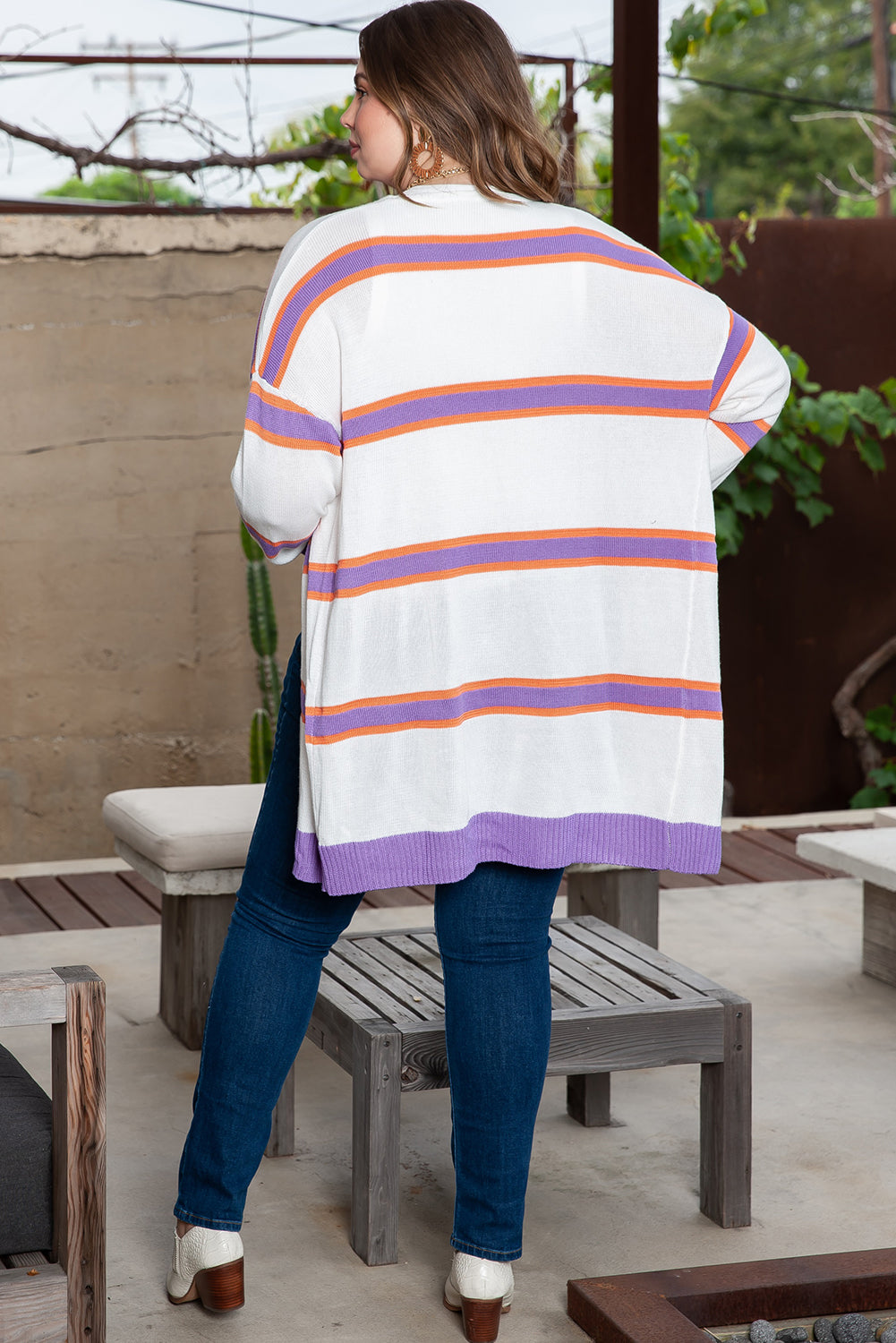 Beige Striped Long Sleeve Ribbed Trim Button Cardigan