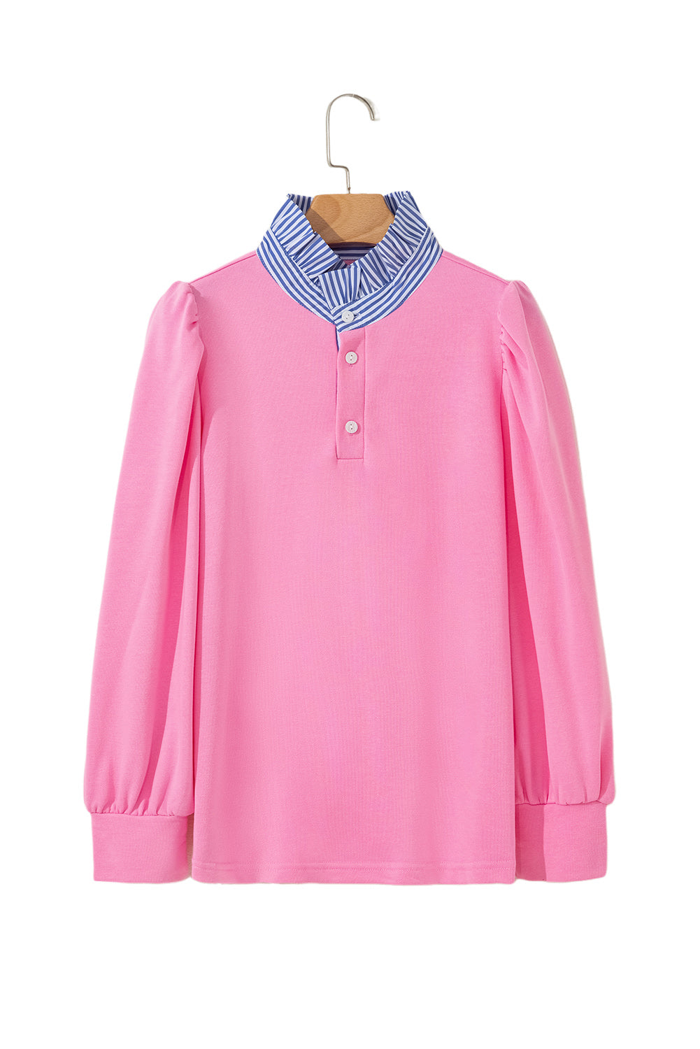 White Striped Ruffle Button Neck Pullover Sweatshirt