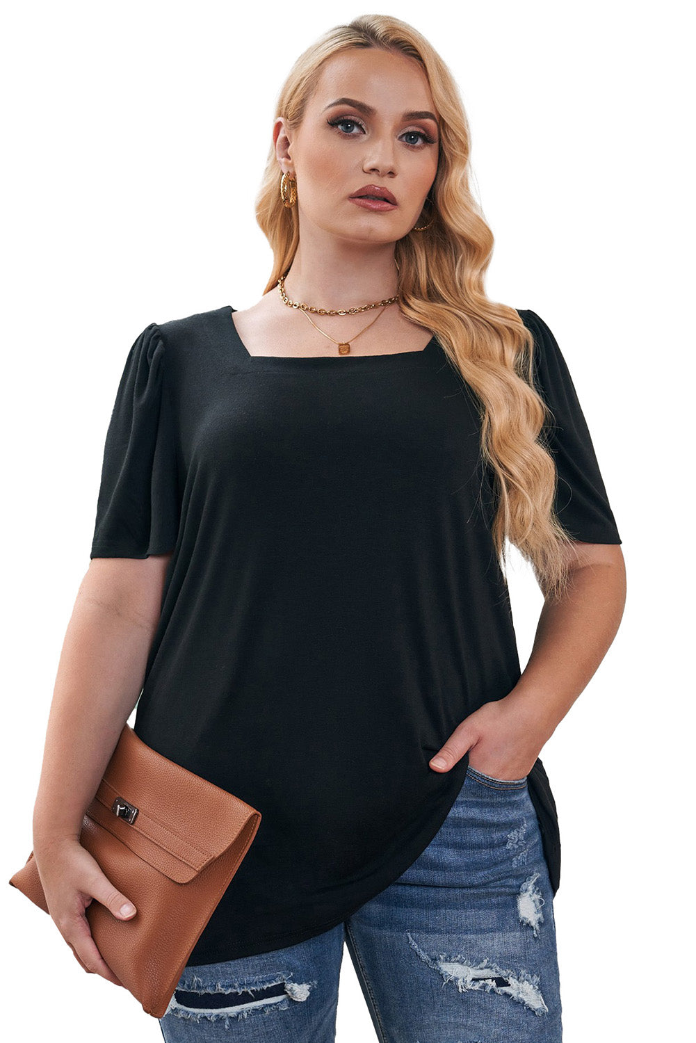 Green Plus Size Square Neck Ruched Shoulder Short Sleeve Top