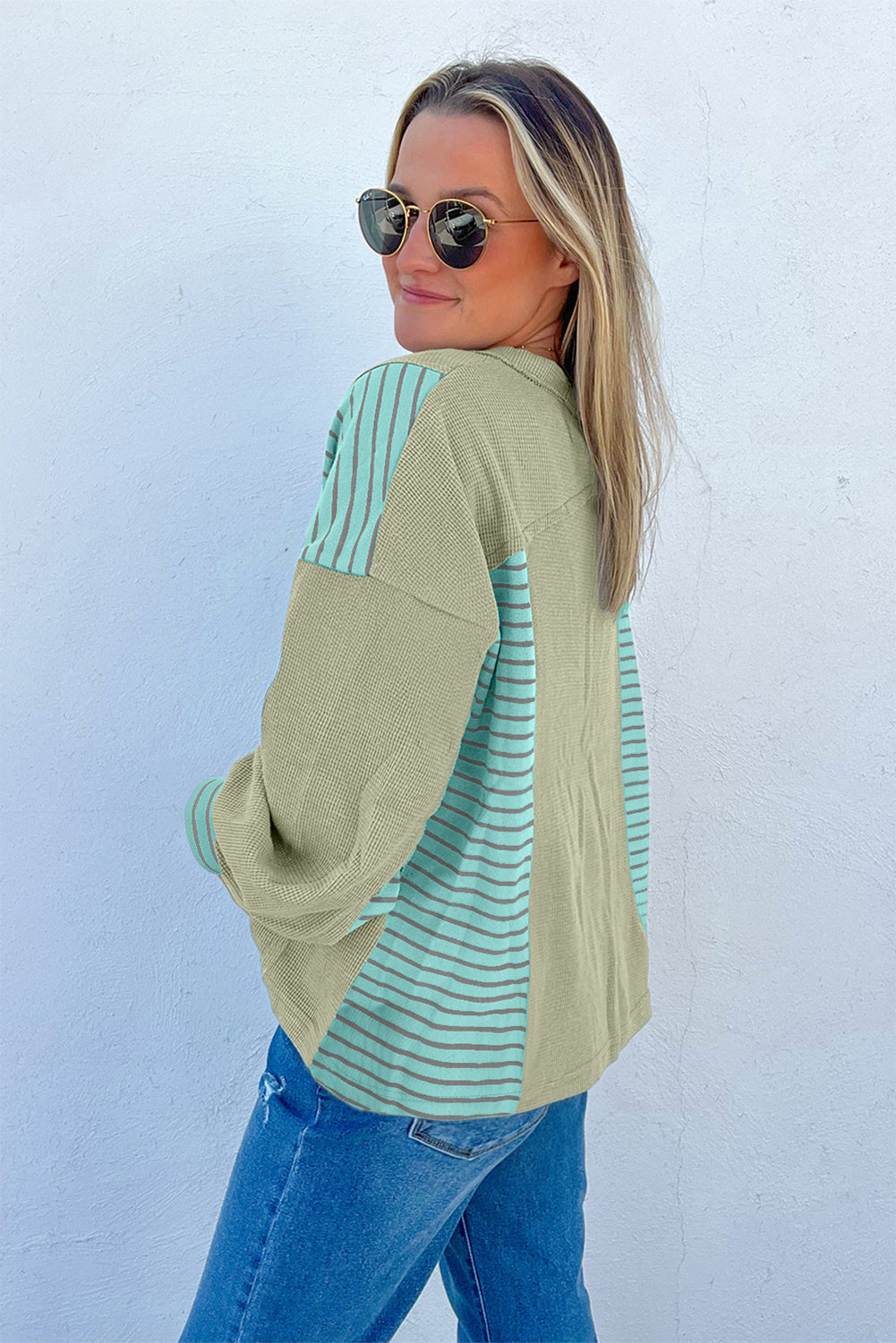 Dusk Blue Exposed Seam Waffle Striped Patchwork Baggy Pullover