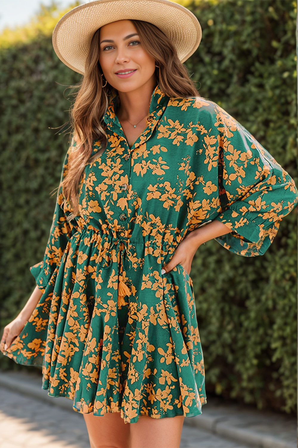 Printed Three-Quarter Sleeve Mini Dress Printed Three-Quarter Sleeve Mini Dress