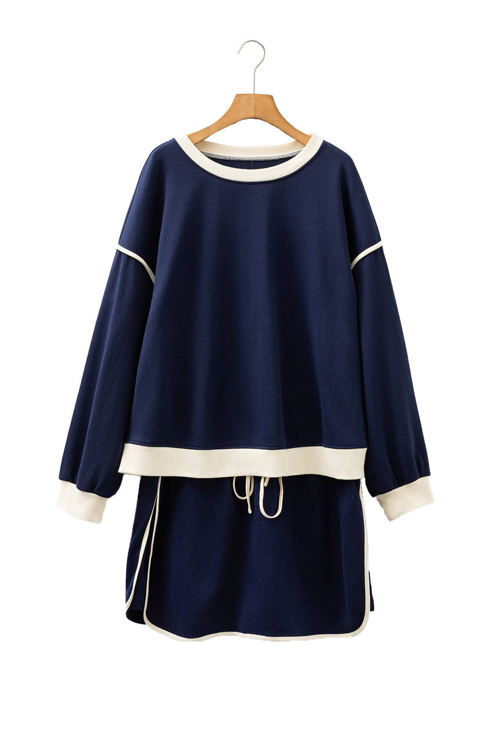 Navy Blue Plus Size Contrast Color Drop Shoulder Top and Mini Skort Outfit