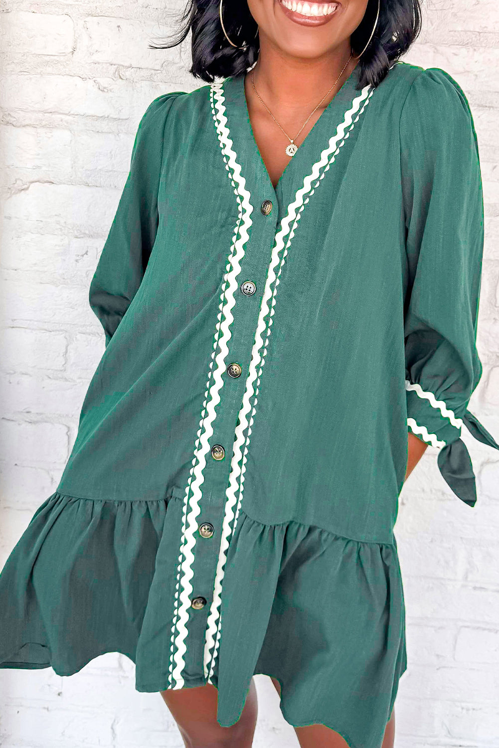 Canton Contrast Ricrac Trim Button V Neck Knotted Bracelet Sleeve Dress