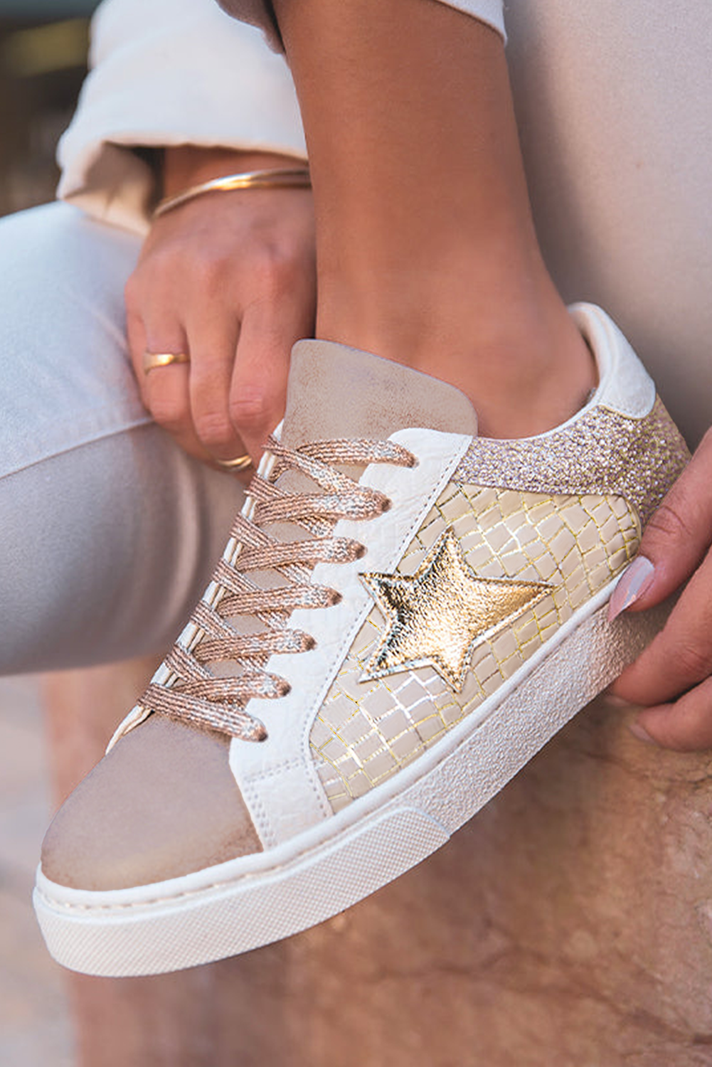 Black Glitter Star Patchwork PU Leather Lace-up Sneakers