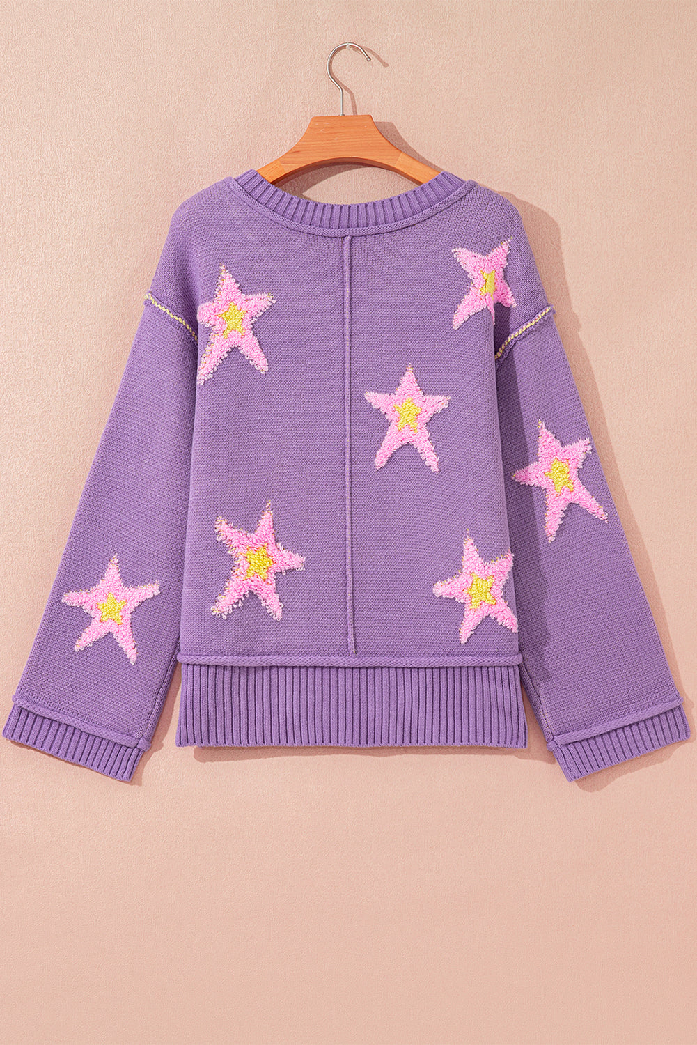 Lavender Brushed Star Graphic V Neck Drop Shoulder Oversize Sweater