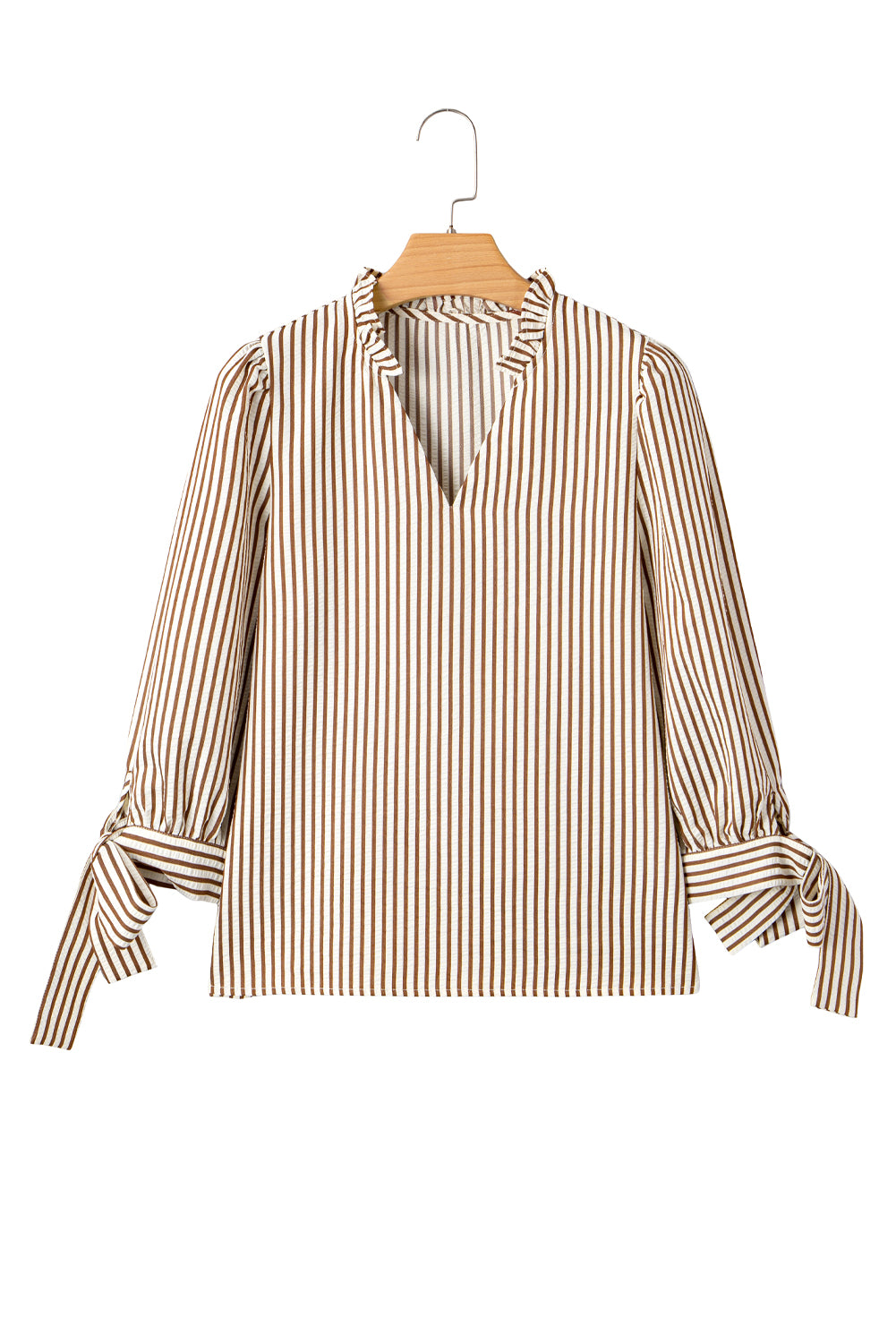 Straw Yellow Striped Frill V Neck Knot Bracelet Sleeve Blouse