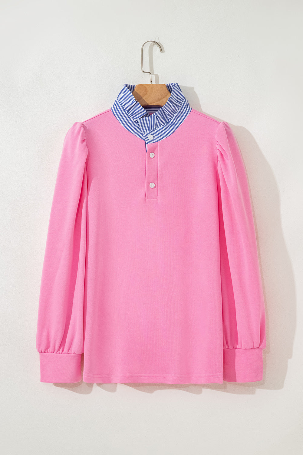 White Striped Ruffle Button Neck Pullover Sweatshirt