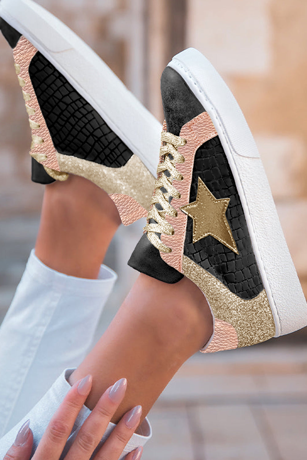 Black Glitter Star Patchwork PU Leather Lace-up Sneakers