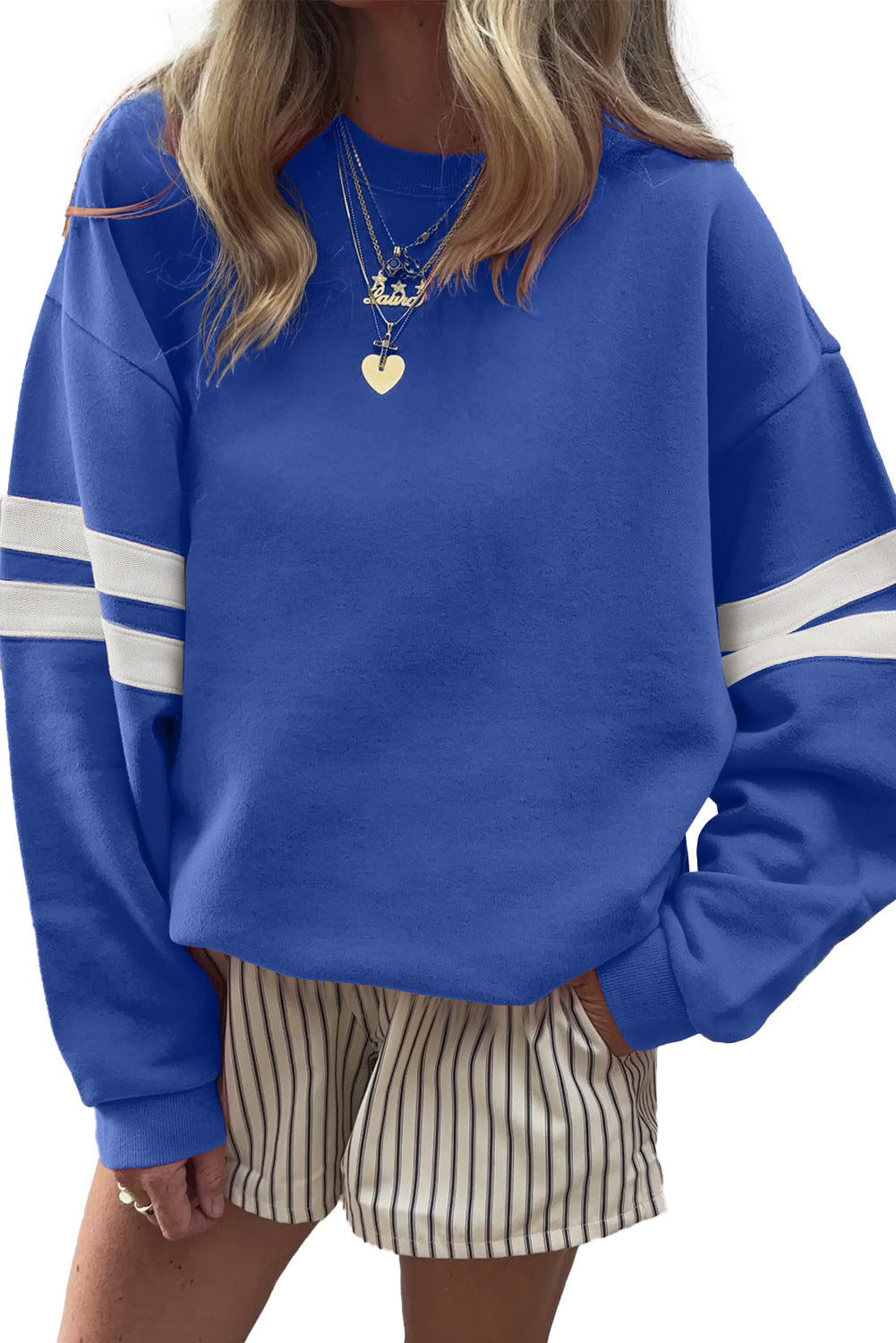 Light French Beige Preppy Striped Sleeve Loose Sweatshirt