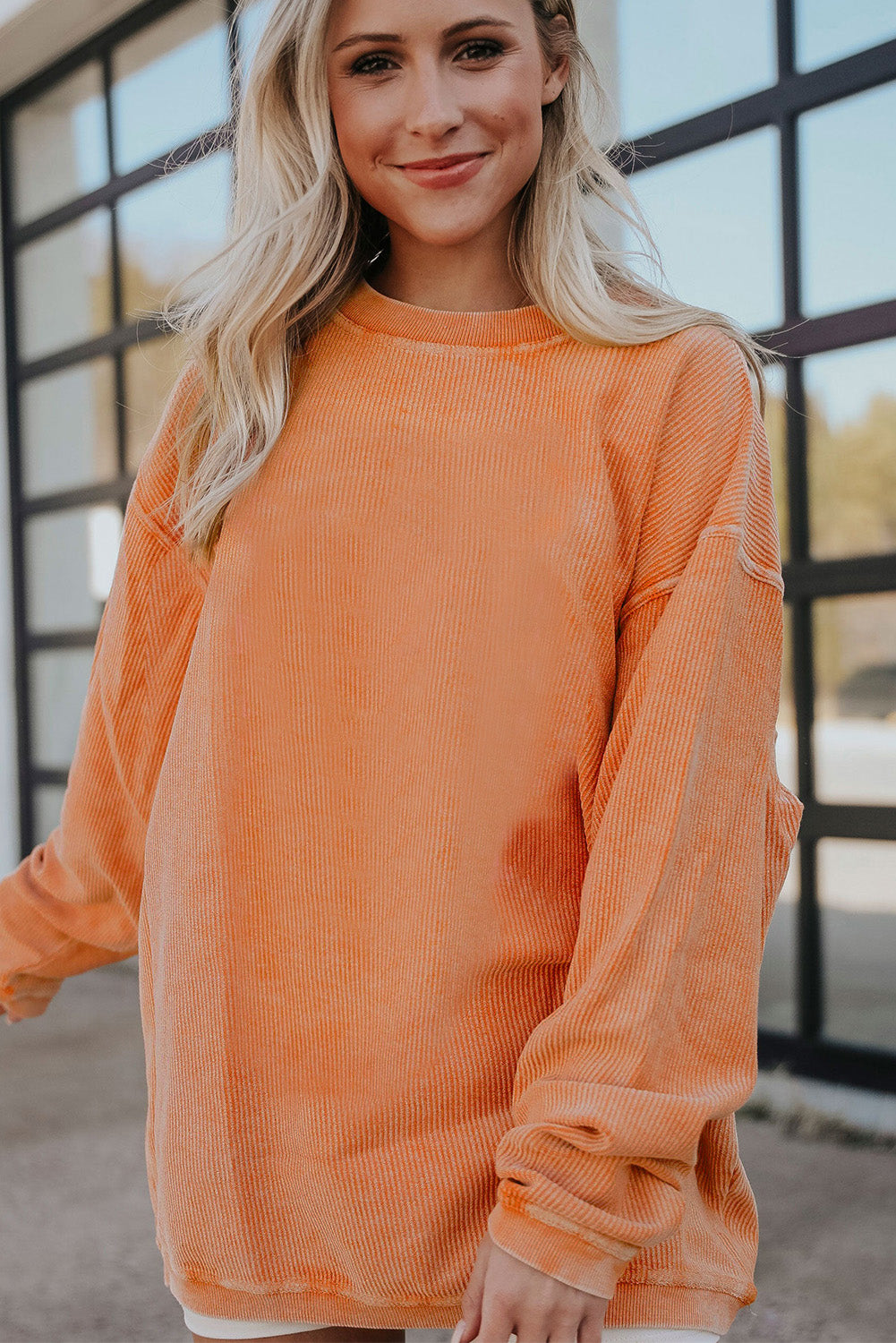Light Pink Plain Drop Sleeve Crinkle Rib Oversized Sweatshirt