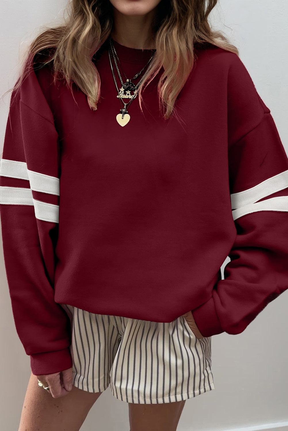 Light French Beige Preppy Striped Sleeve Loose Sweatshirt