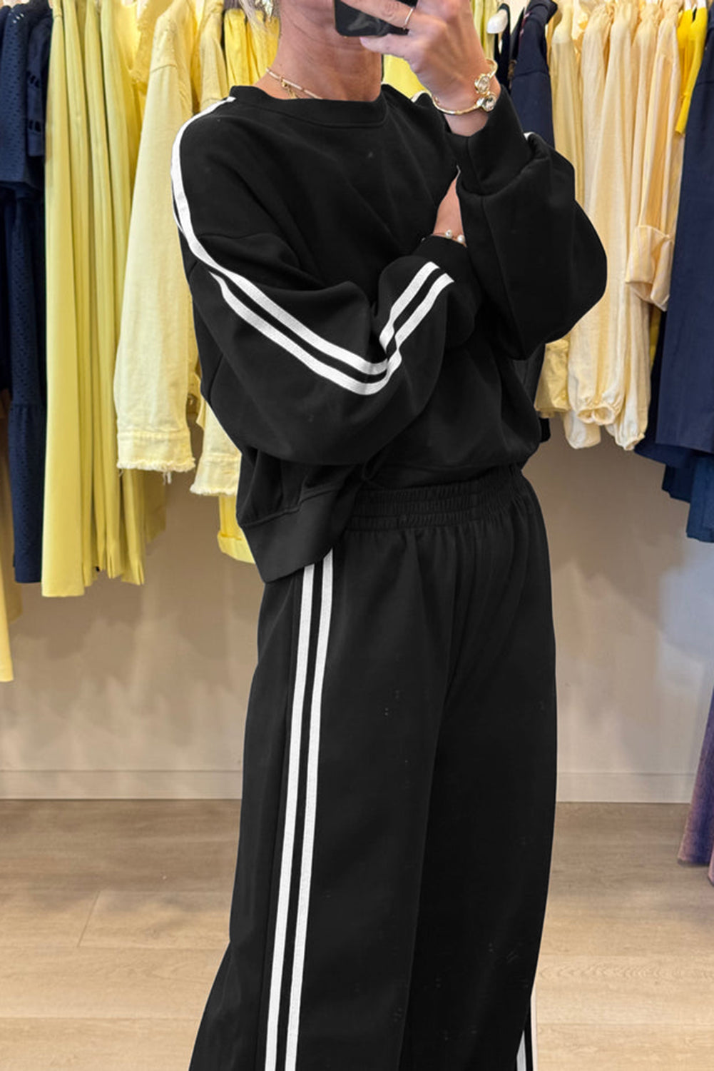 Gray Morn Varsity Striped Detail Cropped Pullover Wide Leg Pants 2pcs Outfit