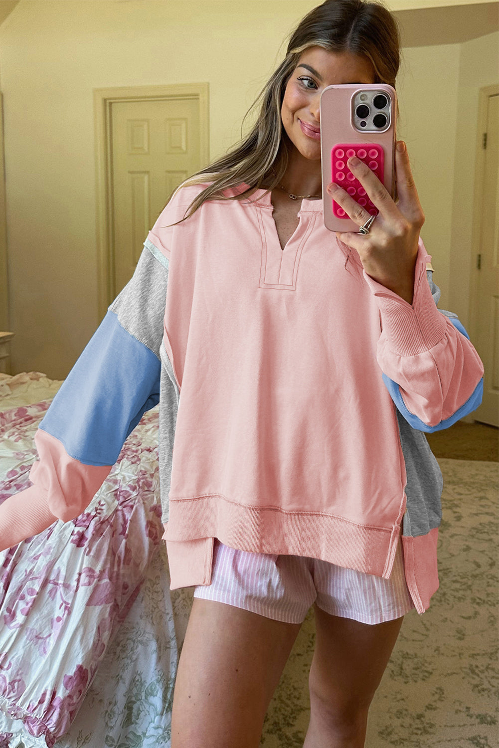 Apricot Pink Exposed Seam Colorblock Patchwork Split Cuffs Oversized Sweatshirt
