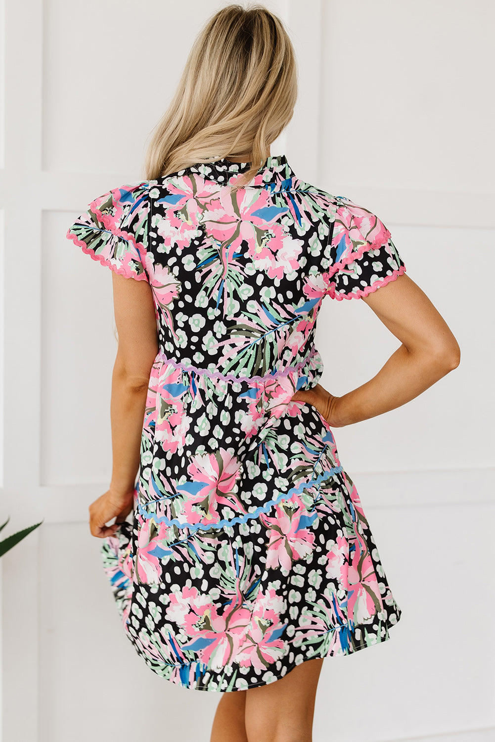 Pink Leopard Floral Print Wavy Embellished Mini Dress