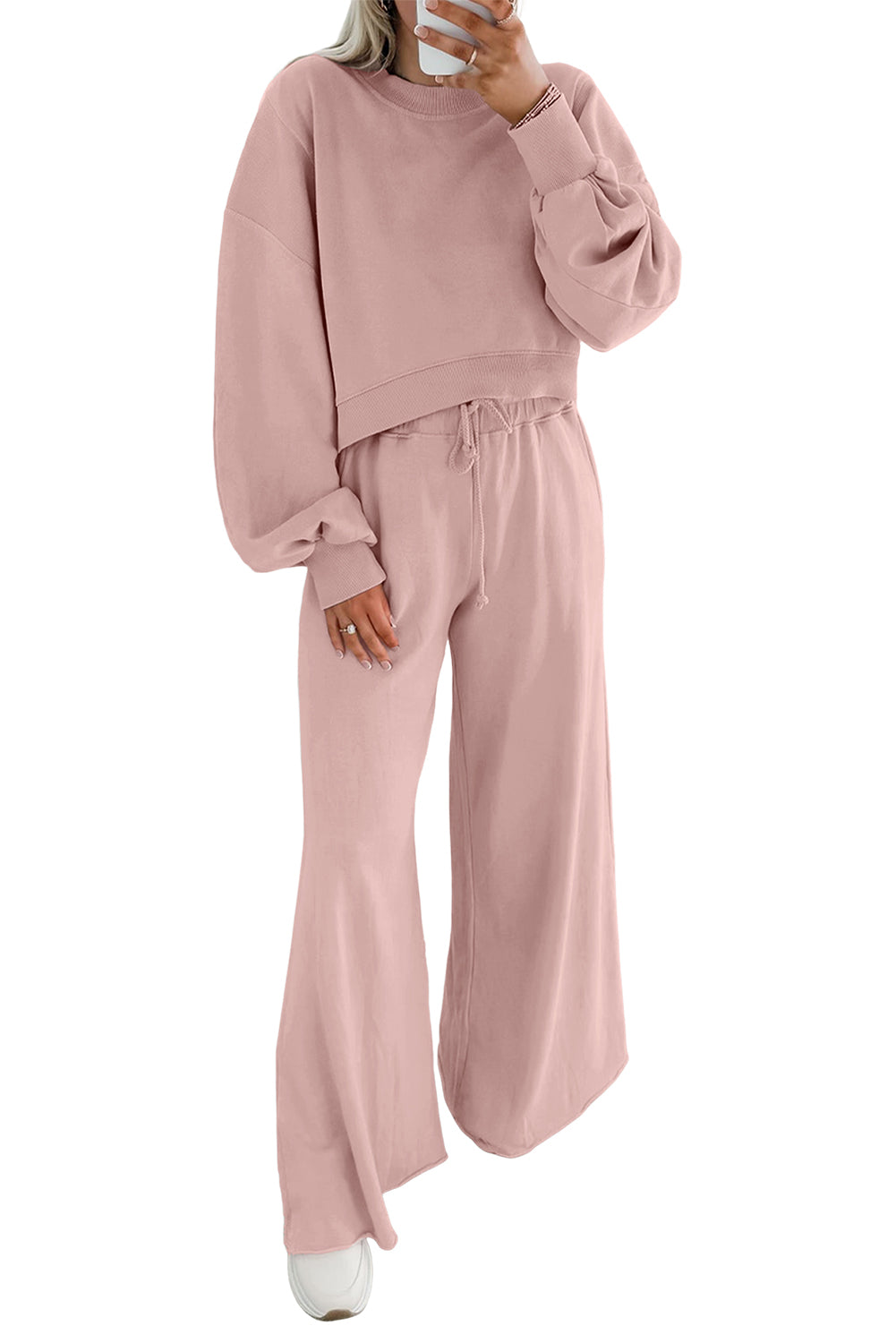 Mist Blue Drop Shoulder Crop Pullover Drawstring Wide Leg Pants Set