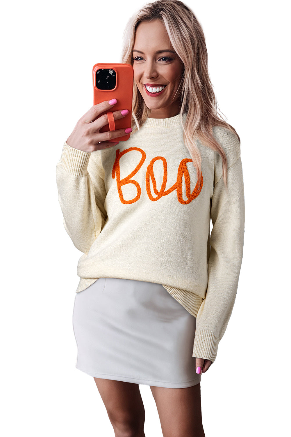 Orange Halloween Boo Drop Shoulder Knit Sweater
