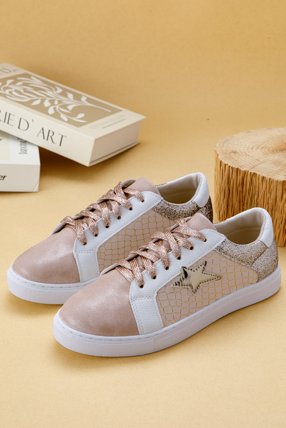 Black Glitter Star Patchwork PU Leather Lace-up Sneakers