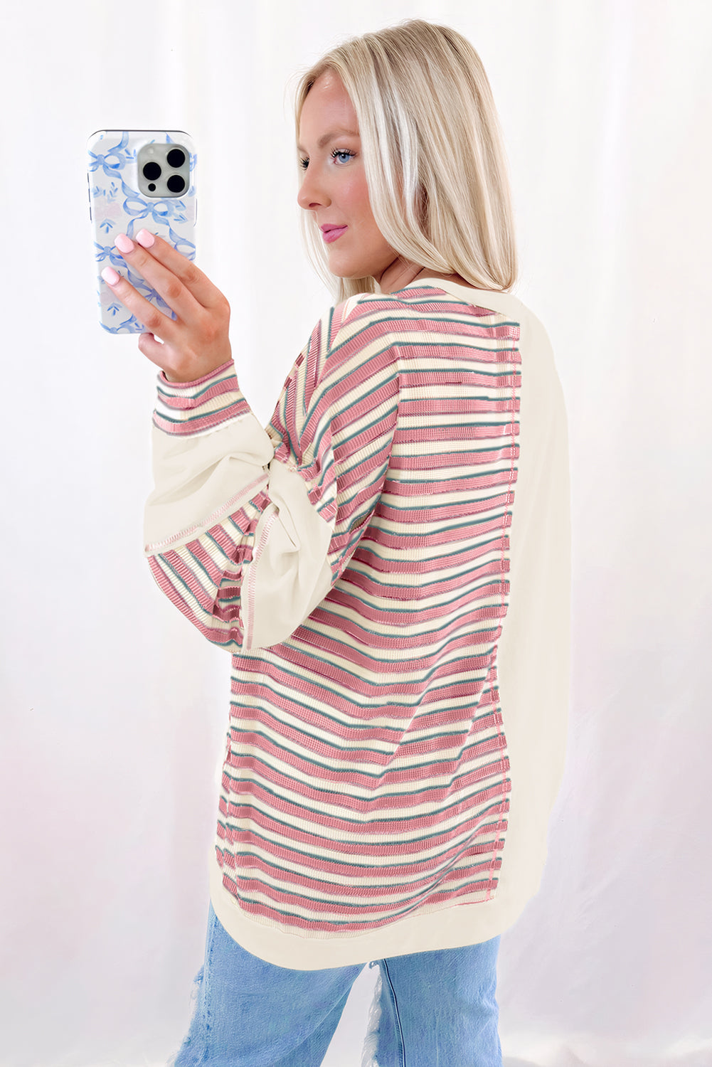 Khaki Striped Patchwork Oversized Pullover Top